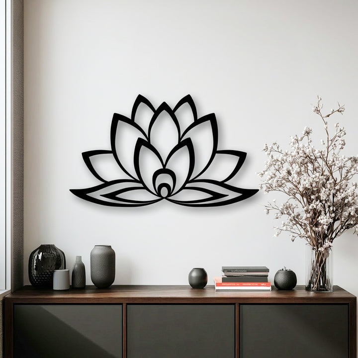 The neutral color temperature of this modern space highlights a striking Minimal Lotus Bloom decorative metal art piece, complementing dark furnishings and white dried flowers.