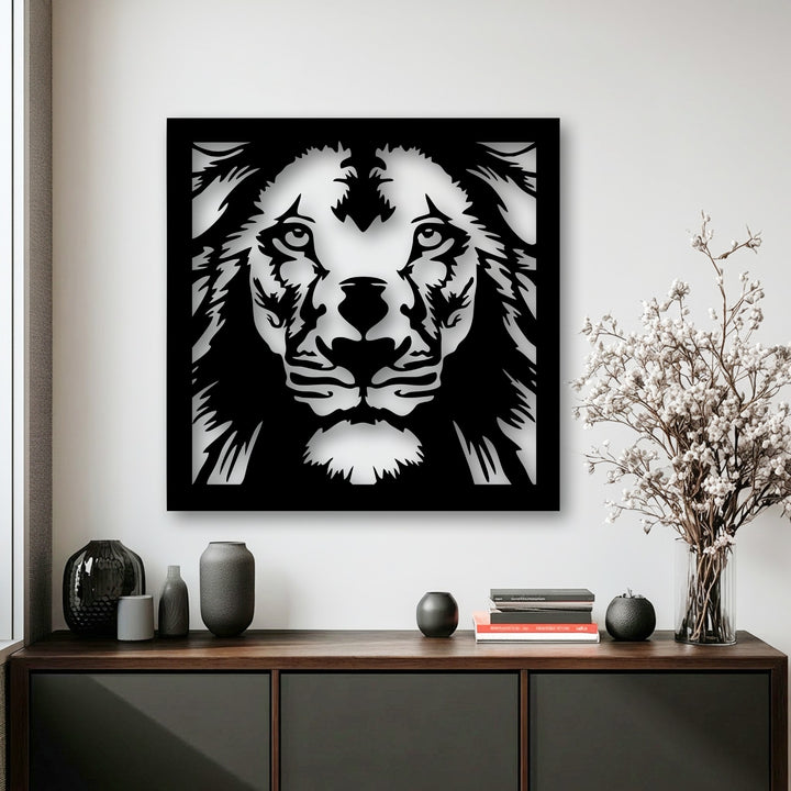 Delicate white wispy flowers gracefully soften the strong lines of the majestic geometric lion face metal artwork.