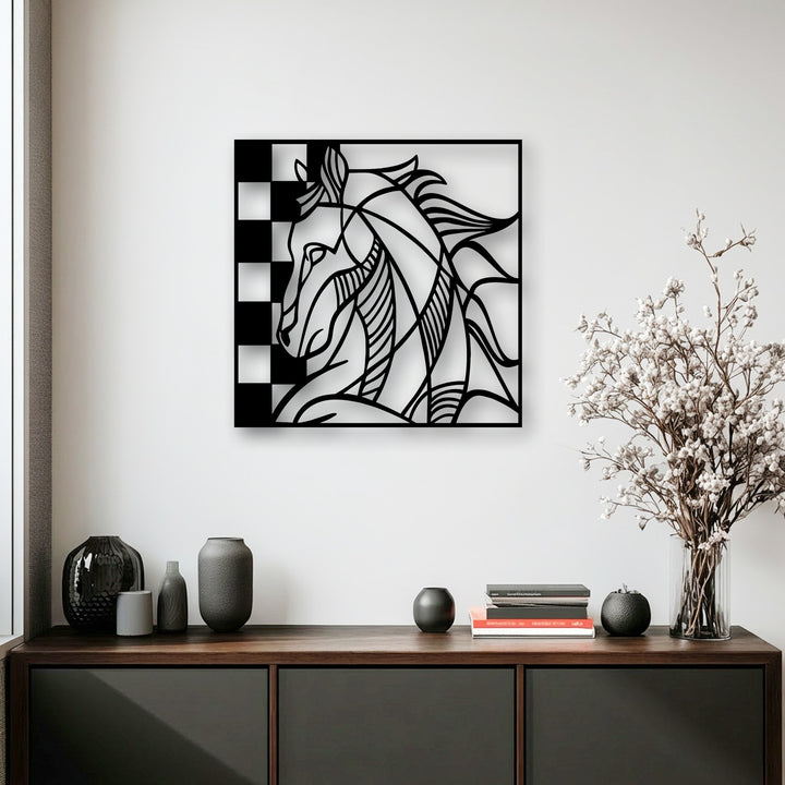 The metal decoration wall art features a layered abstract horse head design, creating striking depth against the wall.