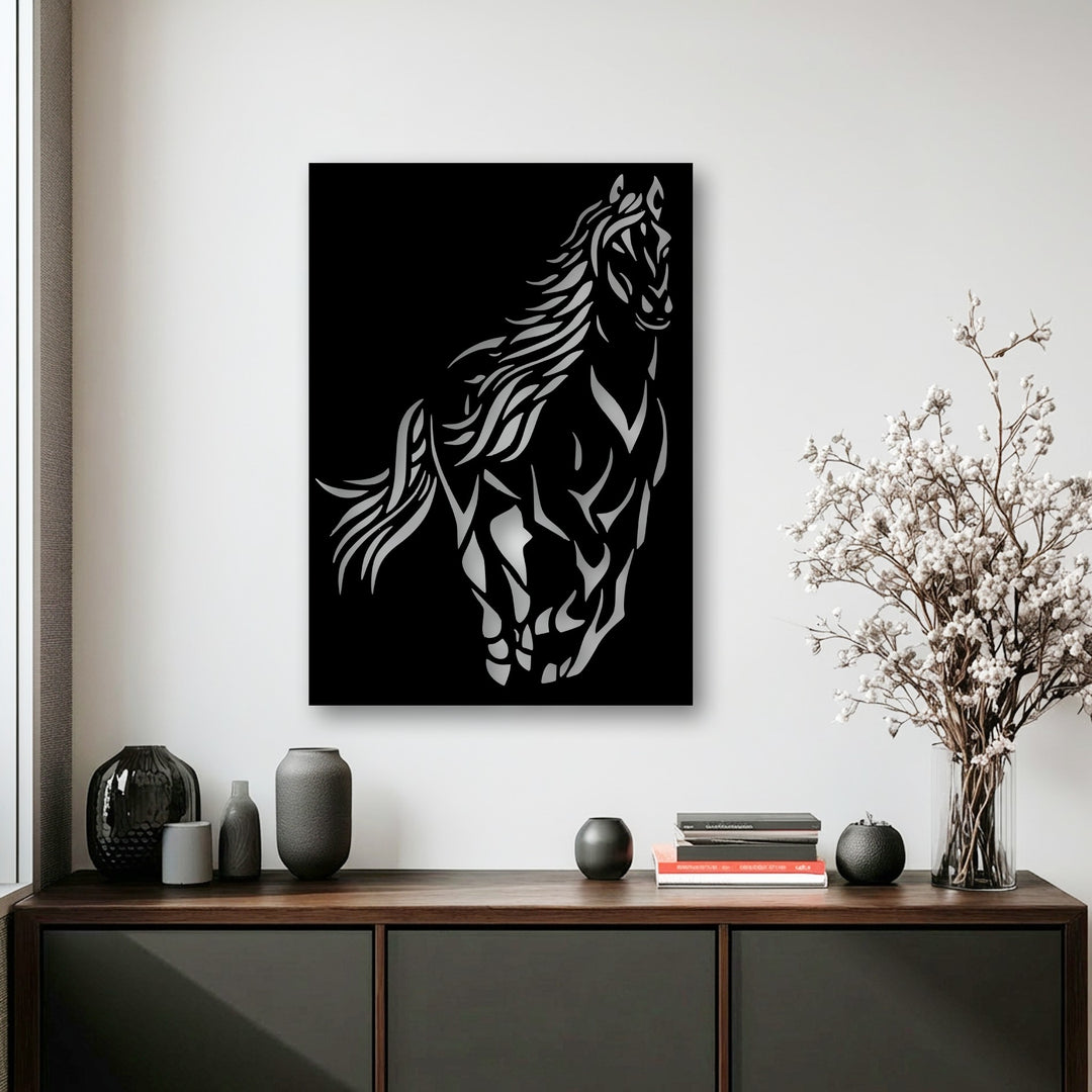 The decoration wall art piece features a dynamically detailed wild spirit horse, showcasing intricate lines that capture its powerful silhouette in motion.