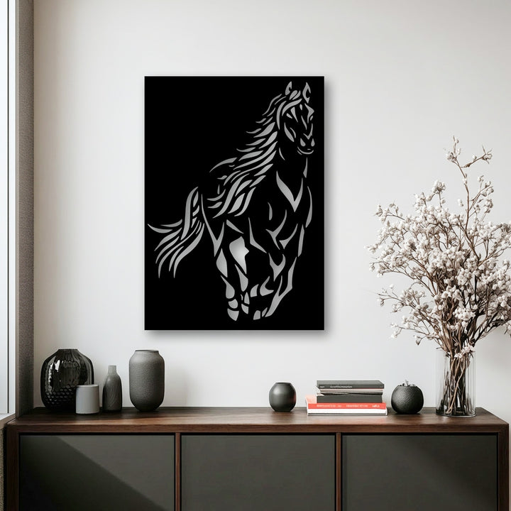 The decoration wall art piece features a dynamically detailed wild spirit horse, showcasing intricate lines that capture its powerful silhouette in motion.