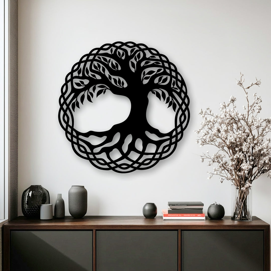 The subtle interplay of light and shadow accentuates the intricate dark metal Tree of Life circle decoration wall art, adding depth to the room.