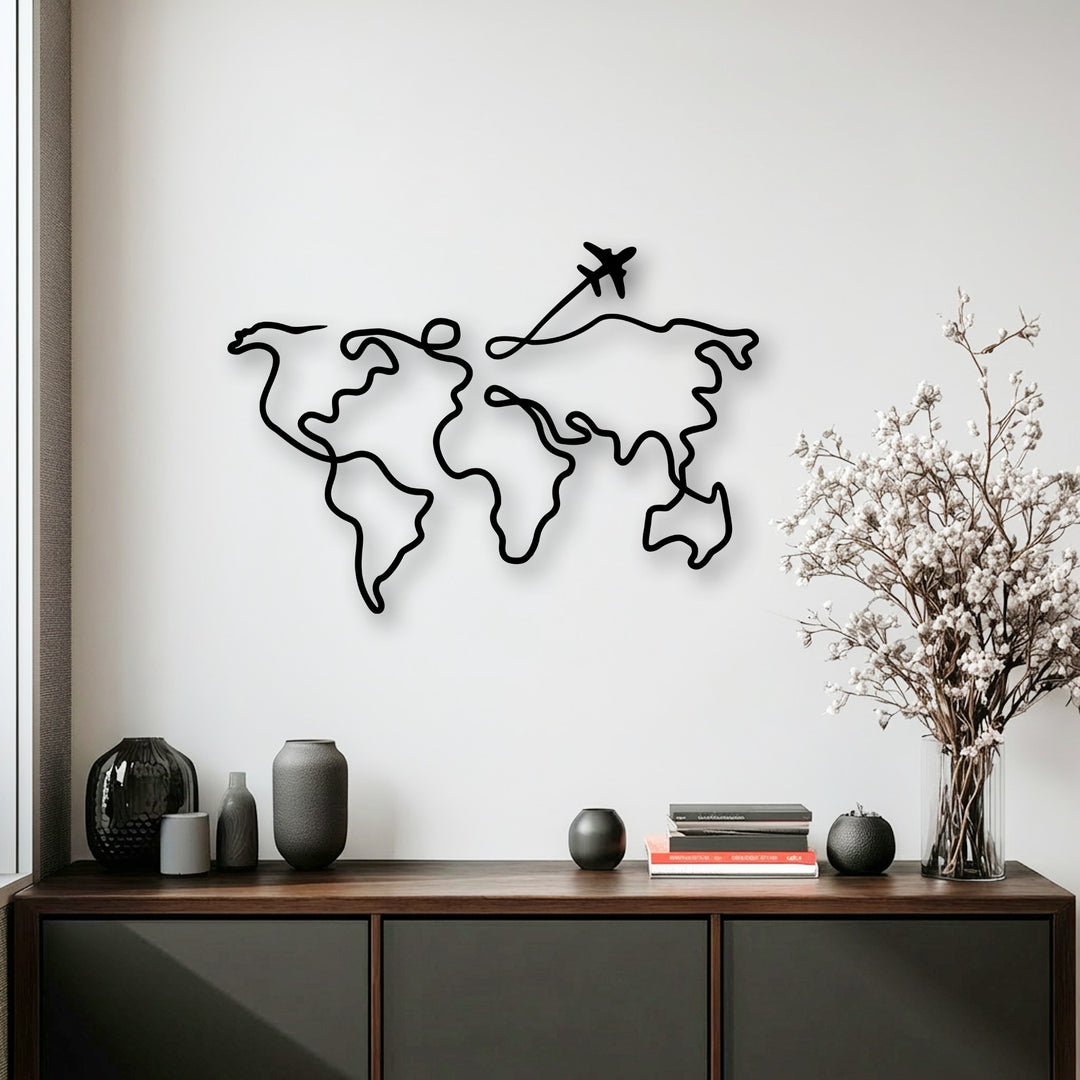 The distinct, flowing line edges of the black minimalist world map metal wall decor create a captivating silhouette.