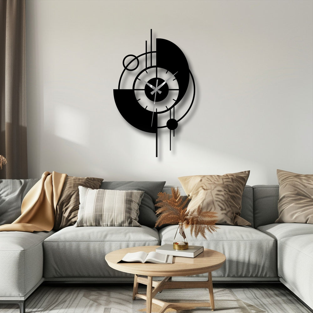 Precision-cut metal ensures this modern orbit abstract metal wall clock's geometric design stands out as high-quality metal art for wall display, reflecting the time with sleek style.