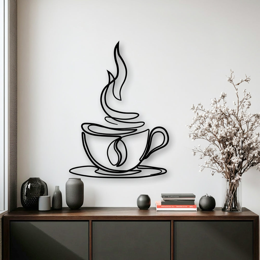 The striking focal point is a sleek, minimalist coffee cup line art, a piece of decorative metal art with steaming lines on a bright white wall.