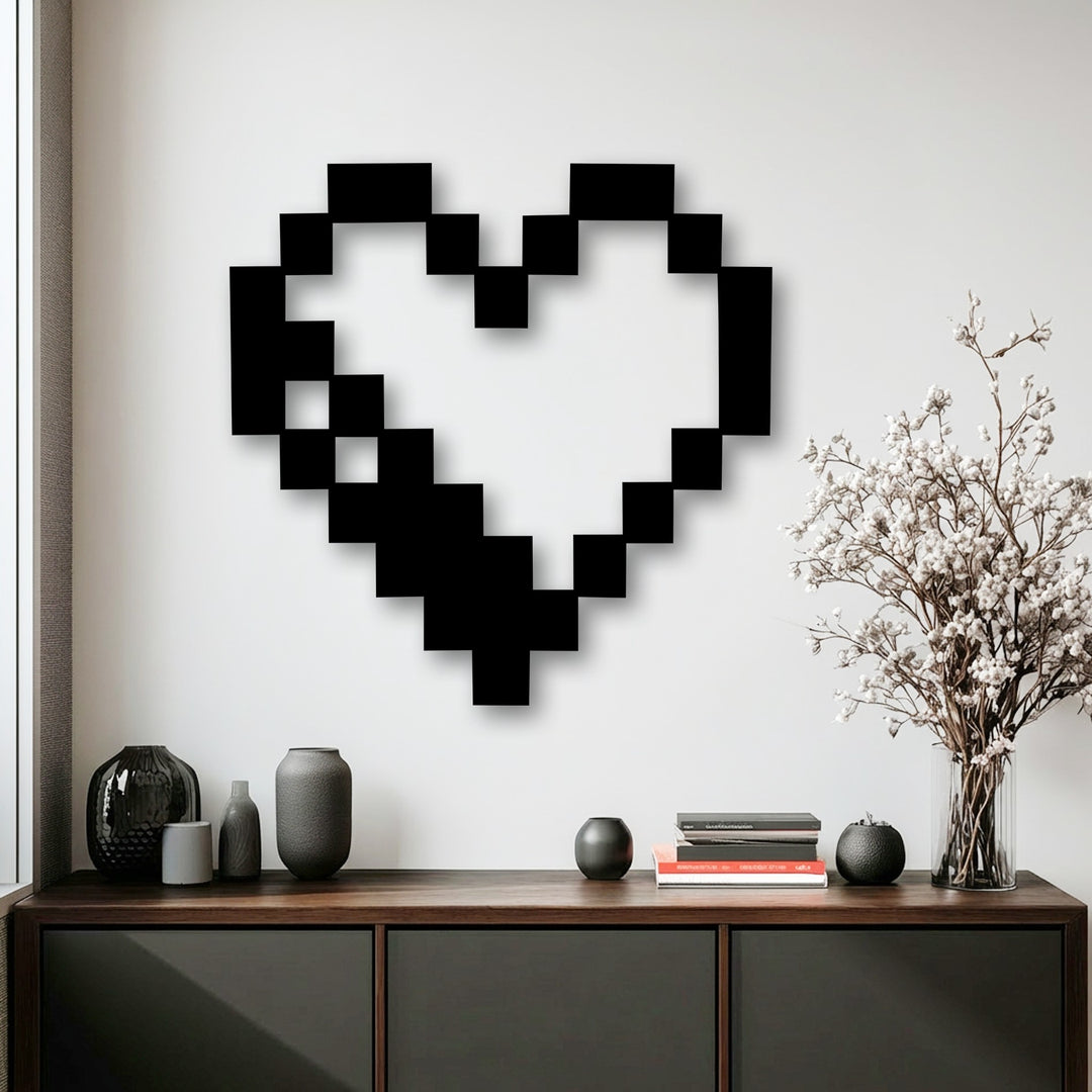 The delicate branches of white blossoms provide an organic contrast to the pixel heart metal art for wall.