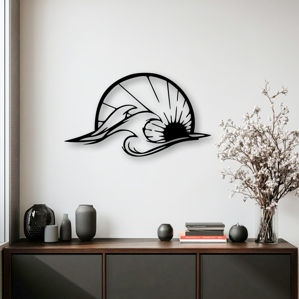 The abstract quality of this captivating metal art for wall depicts a sleek dolphin and stylized ocean wave silhouette, conveying a sense of fluid motion.