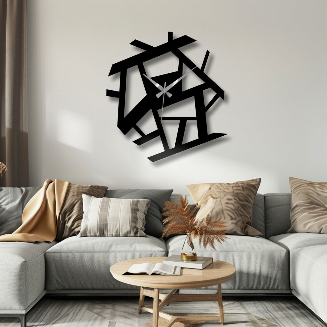 Showcasing the abstract quality of the modern geometric metal wall clock, a striking piece of decoration wall art composed of intersecting lines and angles.