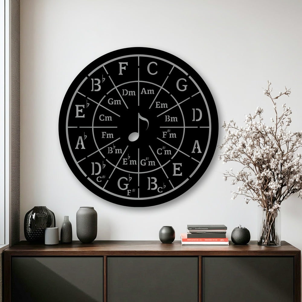 Soft light and subtle shadows highlight the intricate grey lettering on the black Circle of Fifths metal decoration wall art, showcasing its music theory design.