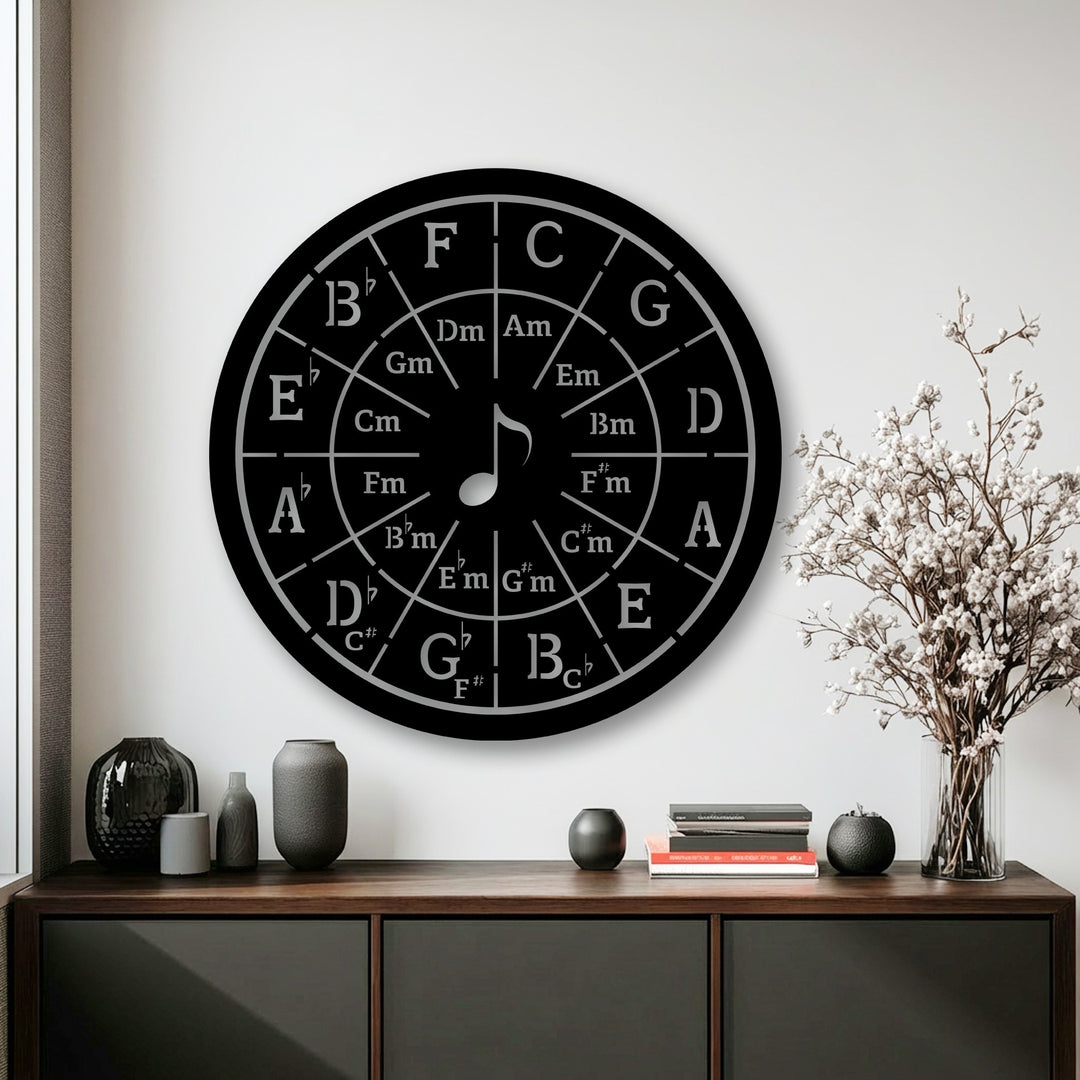 Soft light and subtle shadows highlight the intricate grey lettering on the black Circle of Fifths metal decoration wall art, showcasing its music theory design.
