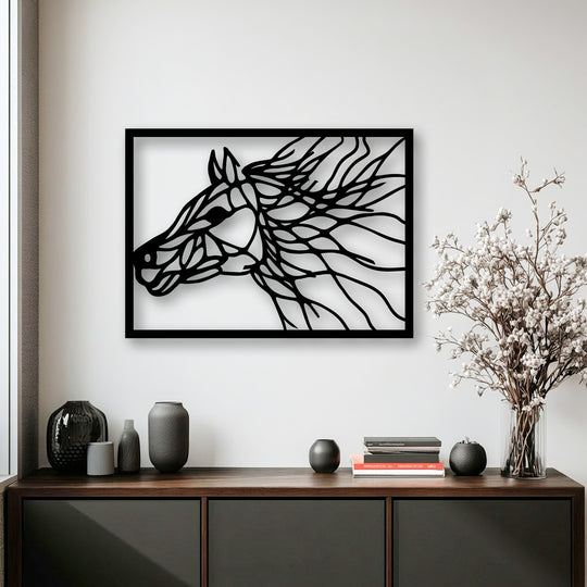 Delicate dried white flowers elegantly complement the bold abstract horse metal wall art, a striking piece of decoration wall art.