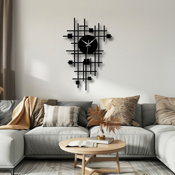 Featuring a matte black finish, this decorative metal art clock showcases an abstract grid design, making it a striking piece of modern geometric wall decor.