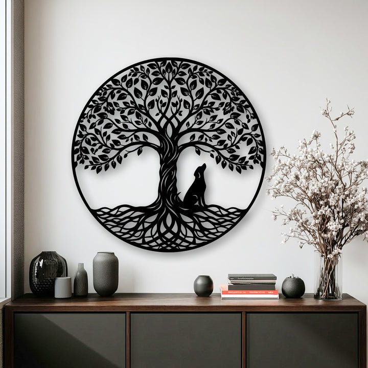 A striking circular black metal wall decor featuring an intricate Tree of Life with a peaceful wolf silhouette at its roots.