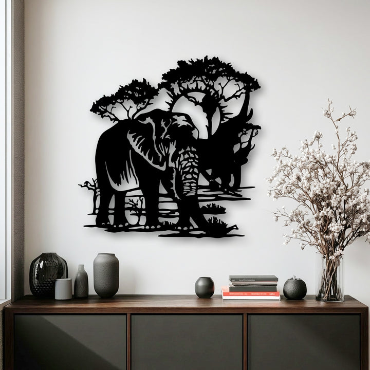 The low color saturation of this elegant elephant landscape metal art for wall creates a refined, subdued safari scene on a white wall.