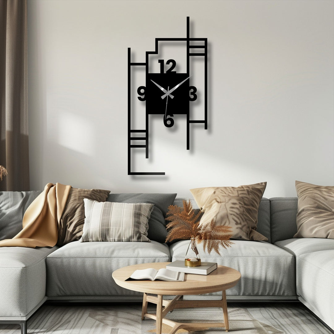 Foreground shows a light wood coffee table with an open book, complementing the modern city skyline geometric unique metal wall art clock hung on the wall.