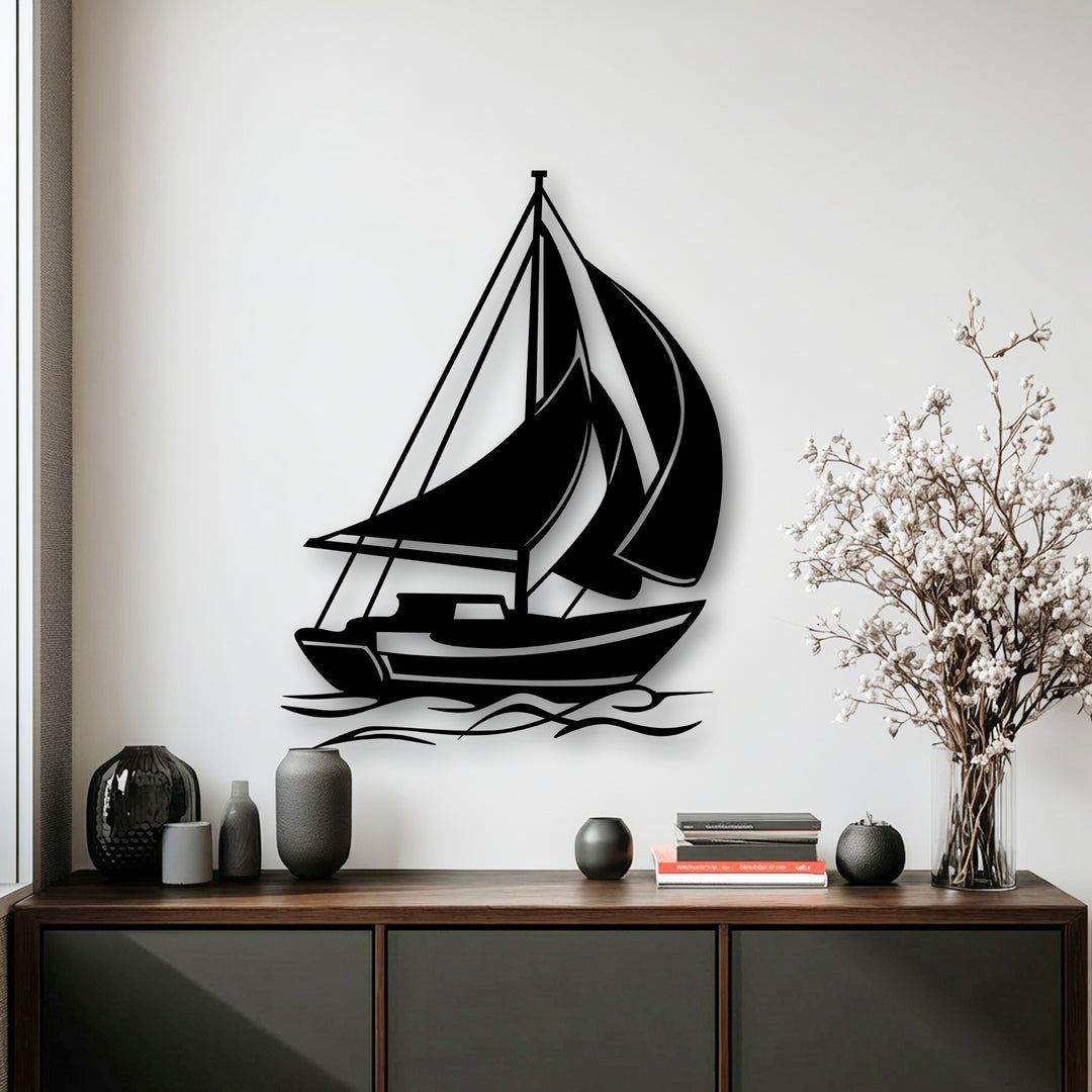 The crisp transition from the deep black silhouette of the sailing boat metal decoration wall art to the bright white wall is softened by a subtle gray shadow.