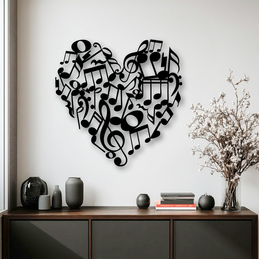 A harmonious and artistic mood emanates from the heart-shaped music notes decorative metal art above elegant home decor.