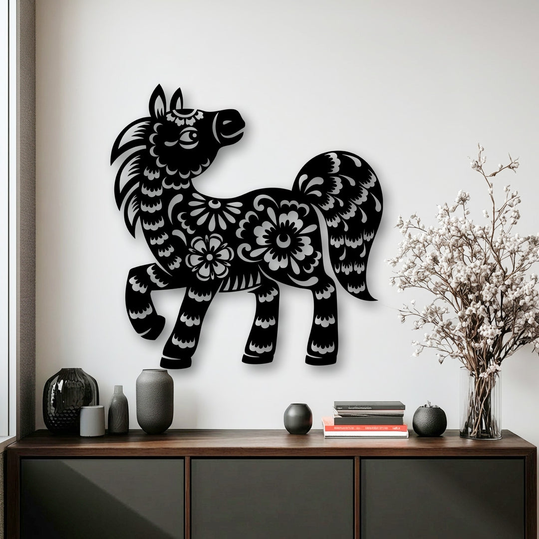 The intricately cut-out edge and borders of the floral pony silhouette define this striking metal art for wall.