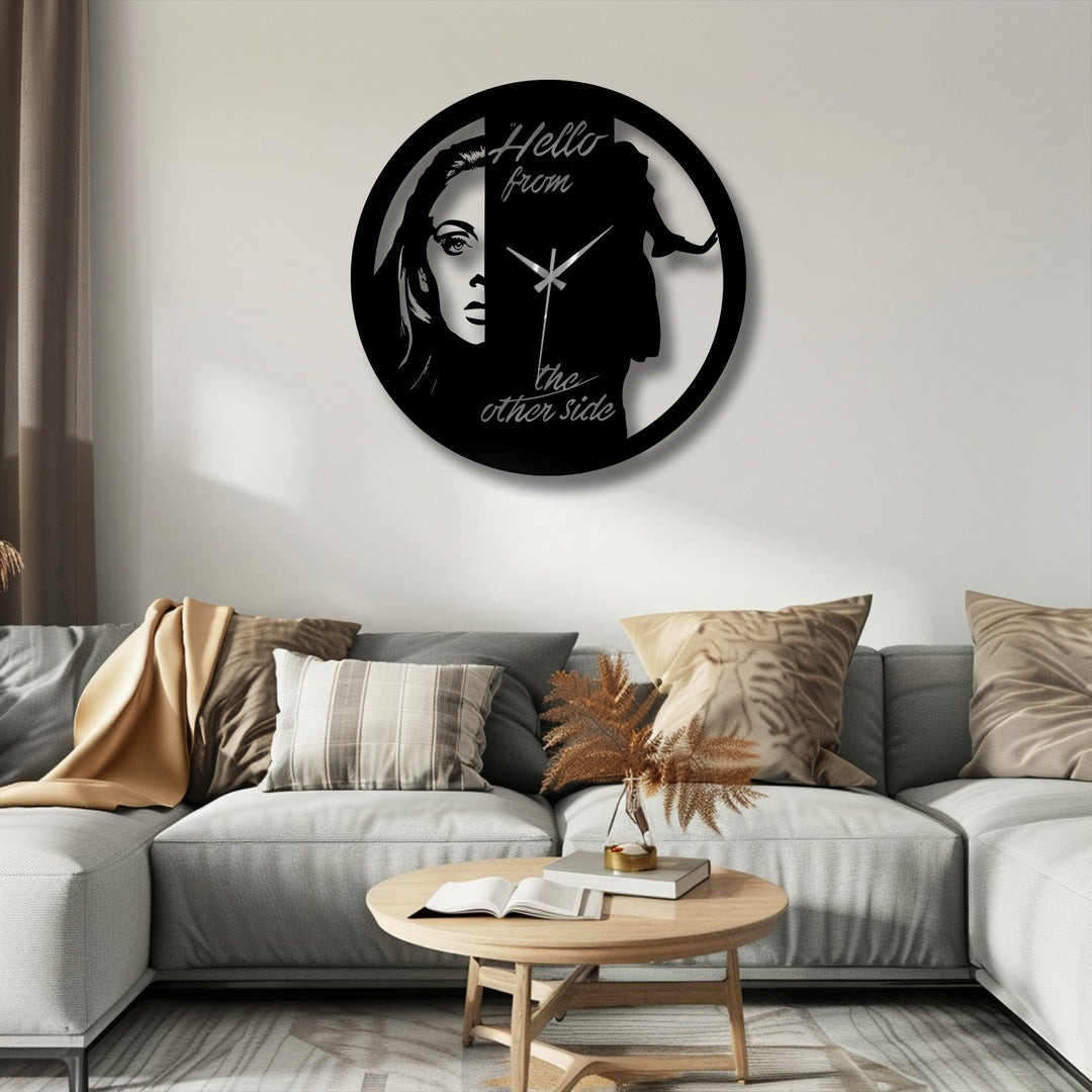 Featuring the focal point, this artistic portrait design demonstrates decorative metal art in a dual-face metal wall clock with a creative silhouette.