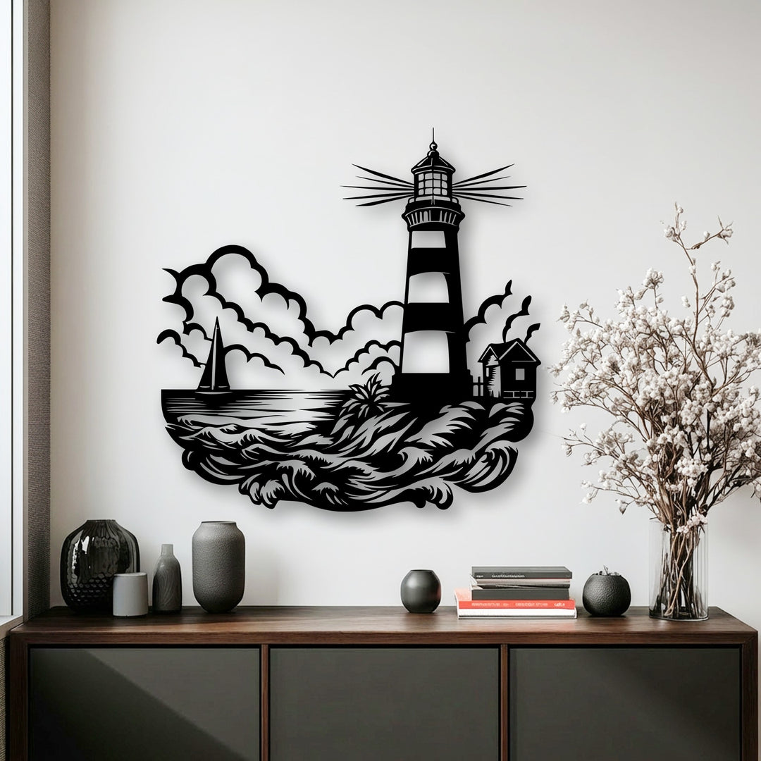 Swirling waves and wispy clouds evoke constant motion in this striking coastal lighthouse metal wall decor scene.