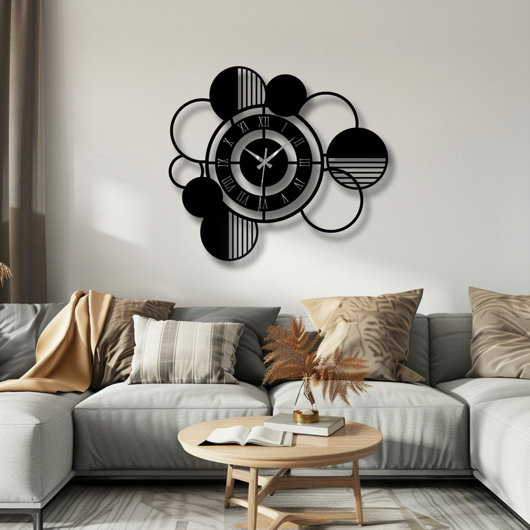 With a neutral color temperature, this modern abstract circle metal wall clock showcases contemporary metal wall decor with geometric shapes and Roman numerals.