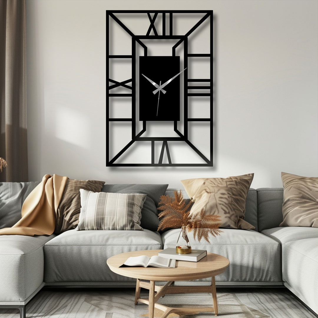 Showing low color saturation, a black architectural frame geometric metal wall clock offers an industrial style for home decoration.