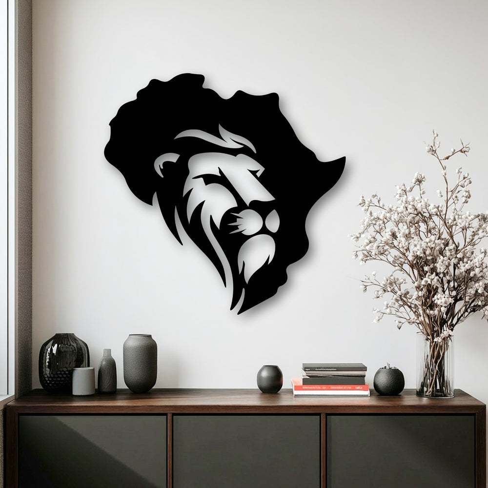 The vertically oriented, continent-shaped metal wall decor features a powerful lion design within the Africa map.