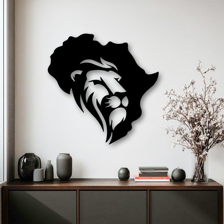 The vertically oriented, continent-shaped metal wall decor features a powerful lion design within the Africa map.