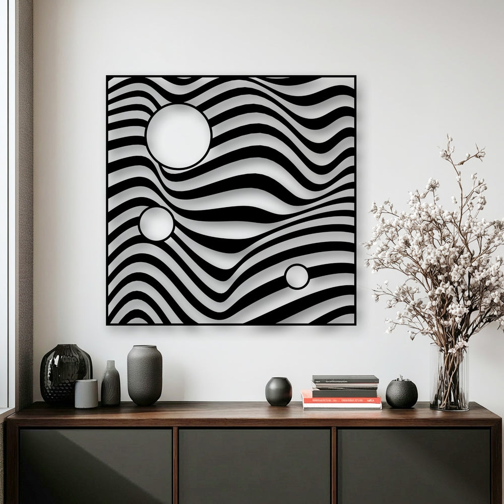 Visual rhythm flows through this abstract wave geometric metal decoration wall art, showcasing dynamic black and white wavy patterns and circular cutouts.