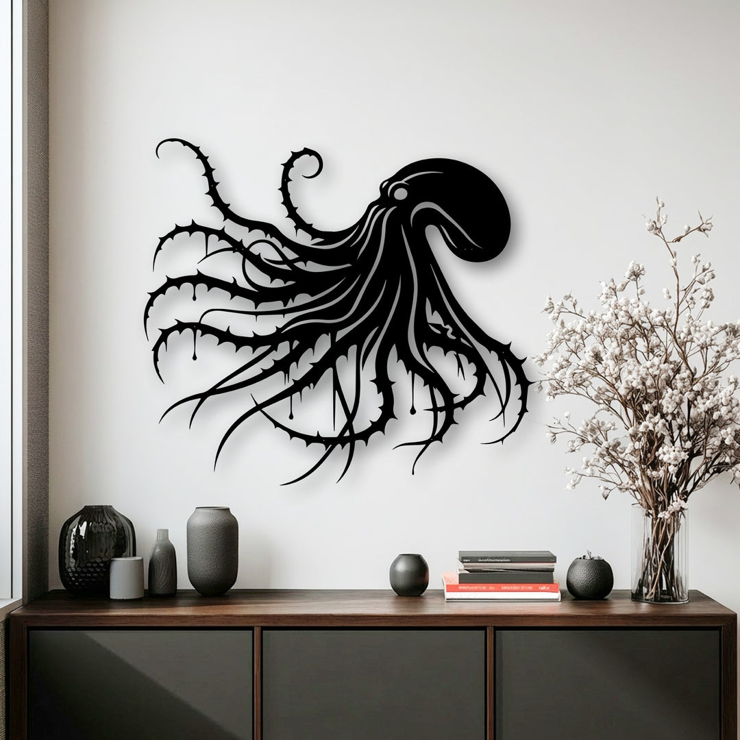 The striking geometric curves and sharp points of the dark octopus unique metal wall art create a captivating gothic ocean decor piece.