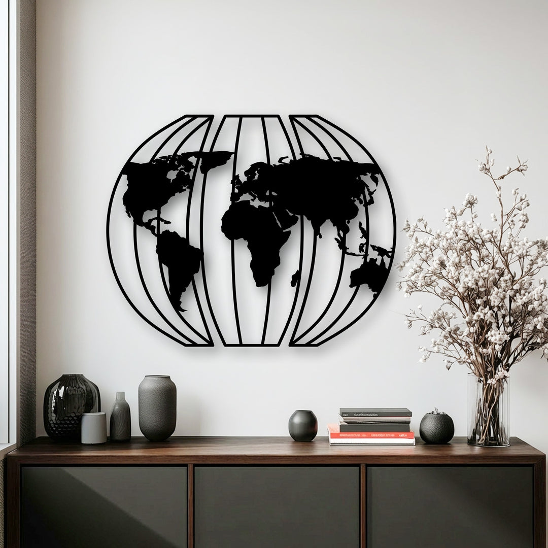 Soft light accentuates the raised contours and deep shadows cast by the black 3D globe world map, enhancing its modern metal decoration wall art appeal.