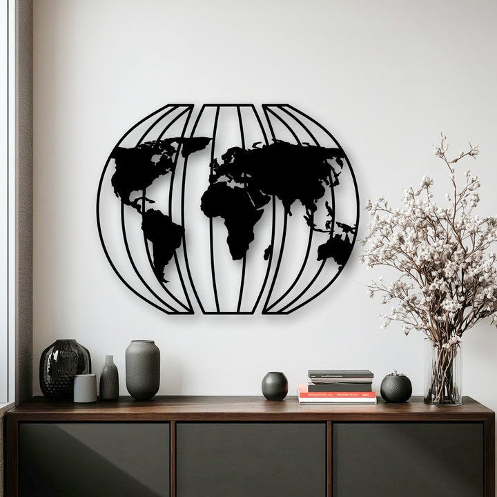 Soft light accentuates the raised contours and deep shadows cast by the black 3D globe world map, enhancing its modern metal decoration wall art appeal.