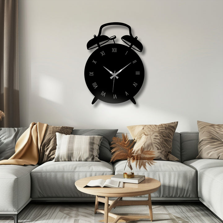 Highlighting its abstract quality, a vintage alarm clock-shaped metal wall clock serves as a stylish decoration wall art piece with minimalist lines and a retro, timeless appeal.