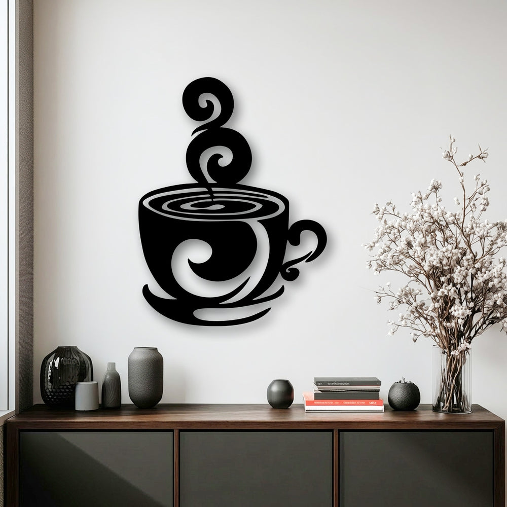Abstract black swirling coffee cup metal artwork, featuring elegant steam curls and a dynamic silhouette perfect for modern kitchen decor.