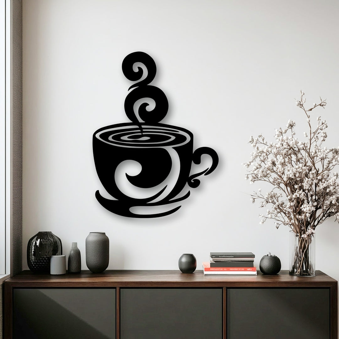 Abstract black swirling coffee cup metal artwork, featuring elegant steam curls and a dynamic silhouette perfect for modern kitchen decor.