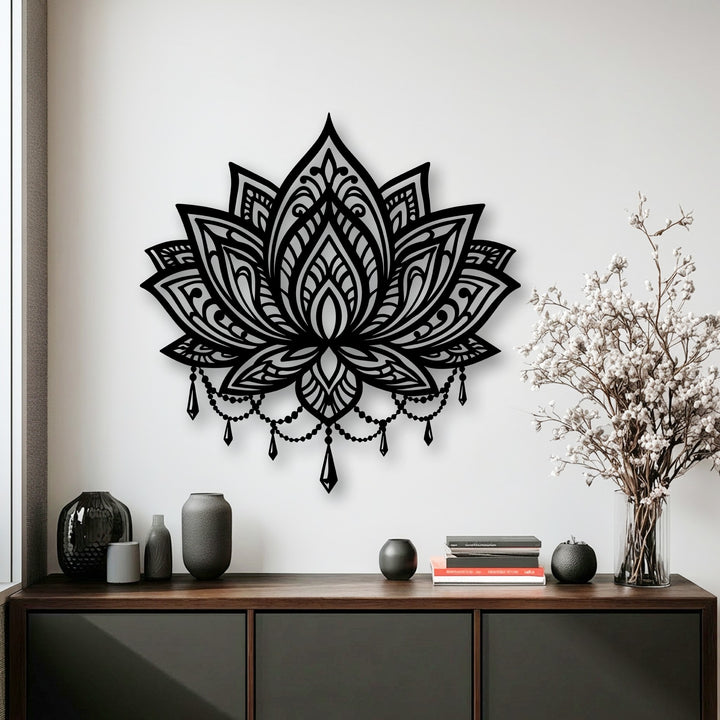 The intricate geometric elements of the ornate lotus mandala metal art for wall feature stylized petals and delicate beaded accents.