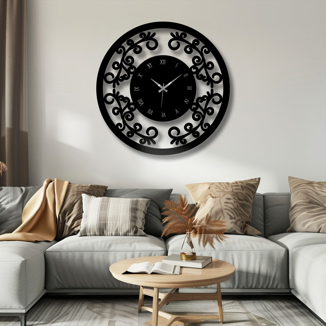 Against the neutrally-toned backdrop that complements the room's home decoration, the ornamental metal art for wall clock creates a sophisticated focal point.