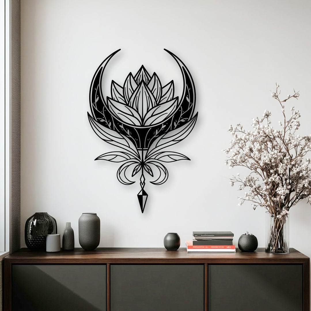 The background features a clean white wall showcasing the elegant Mandala Metal Wall Art, a striking metal artwork piece.