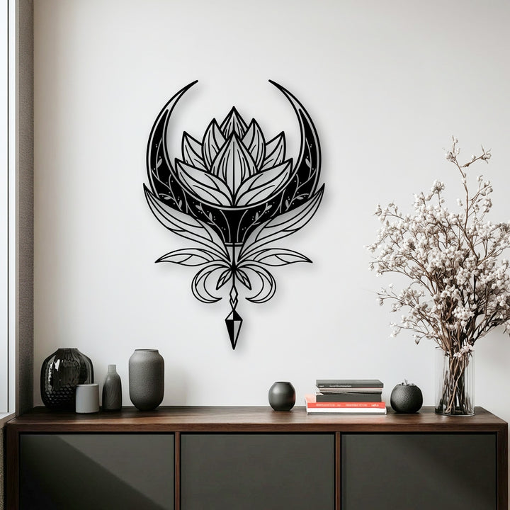 The background features a clean white wall showcasing the elegant Mandala Metal Wall Art, a striking metal artwork piece.