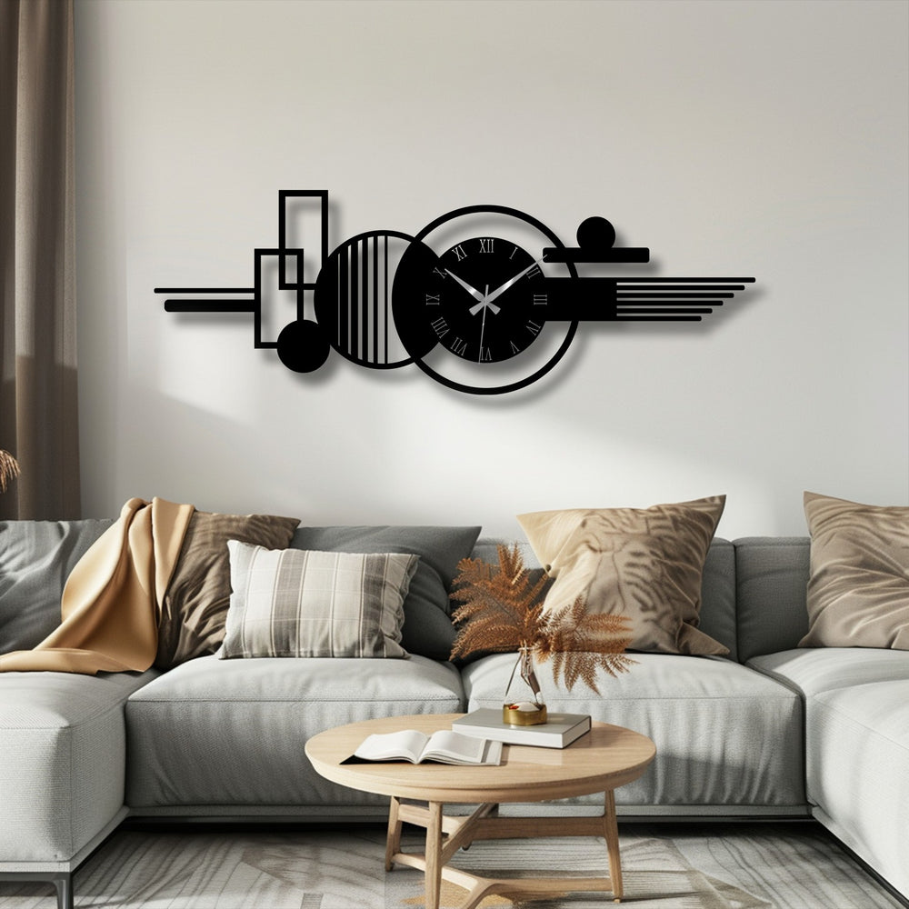 The modern, sleek metal wall decor clock sets a stylish and sophisticated mood with its abstract geometric shapes and bold Roman numerals.