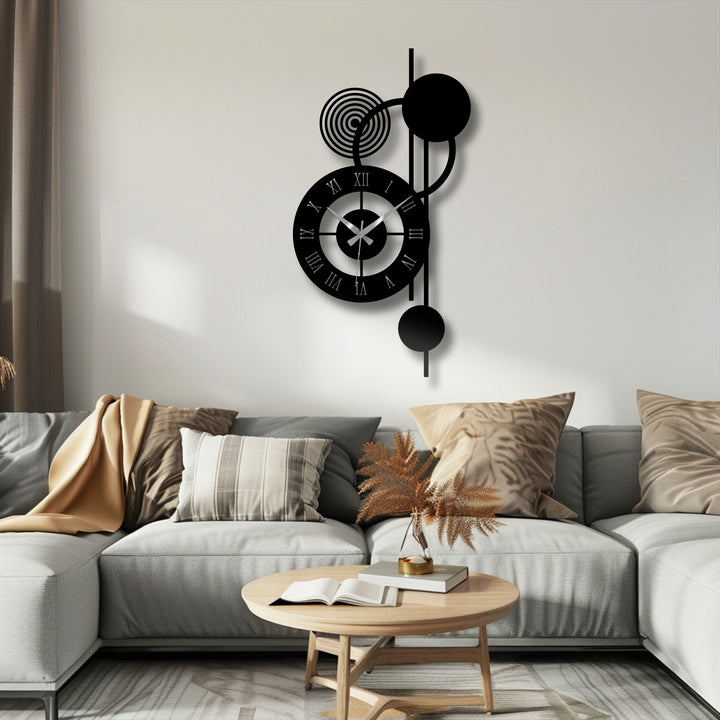 Smooth surface texture defines this modern orbit roman metal wall clock, a unique piece of metal wall decor featuring an abstract, vertical design.