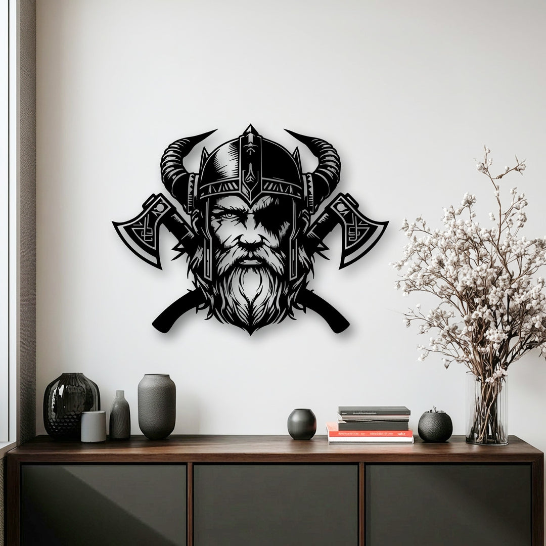 The darkest area showcases a striking unique metal wall art depicting a fierce Viking warrior with a horned helmet and battle axes.