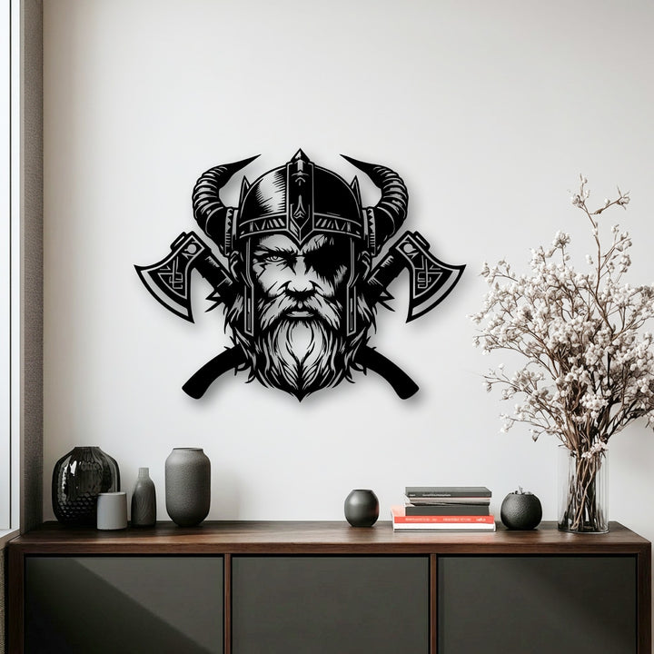The darkest area showcases a striking unique metal wall art depicting a fierce Viking warrior with a horned helmet and battle axes.