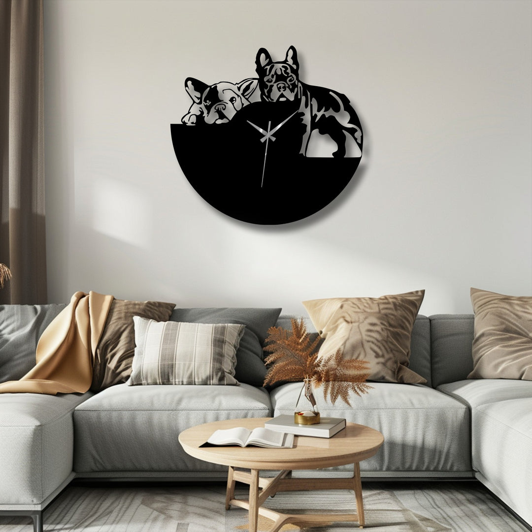 The stillness of the modern bulldog duo metal art for wall clock is captured in the serene design, featuring resting dogs with sleek black hands on a quiet face.