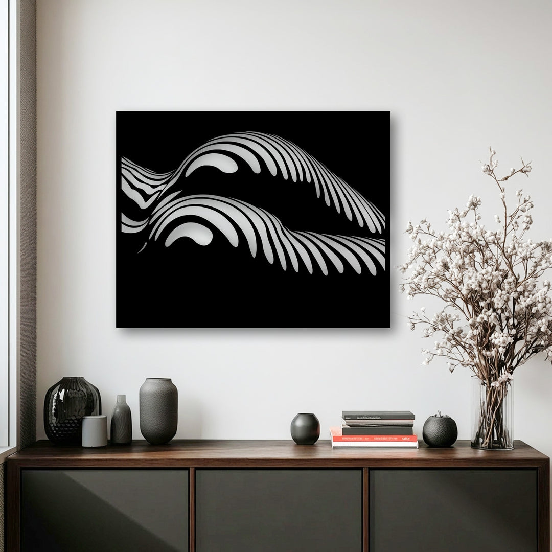An arrangement of dark gray vases and books rests on a wooden credenza in the foreground, complementing the abstract wave metal wall decor hanging above.