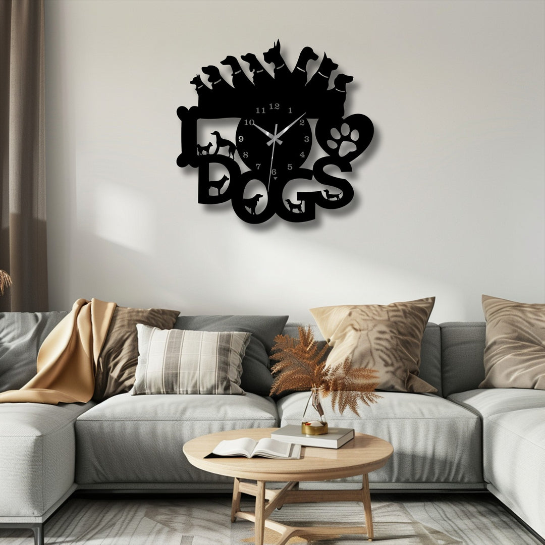The focal point is a metal artwork wall clock for dog lovers, showcasing diverse dog silhouettes and the bold word 'DOGS'.