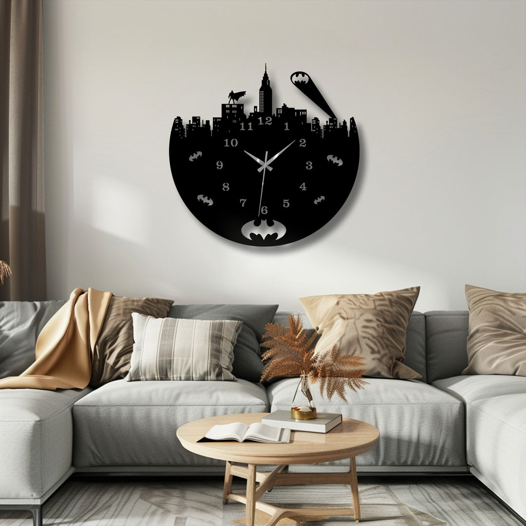 Displaying rich depth and layers, this unique metal wall art clock, an urban night skyline, casts intricate shadows, enhancing its dark hero theme.