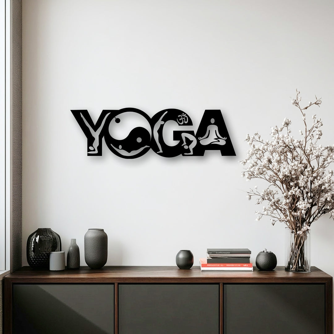 The sleek matte black finish of the Yoga Balance Flow metal decoration wall art displays a striking Yin Yang and meditation design.