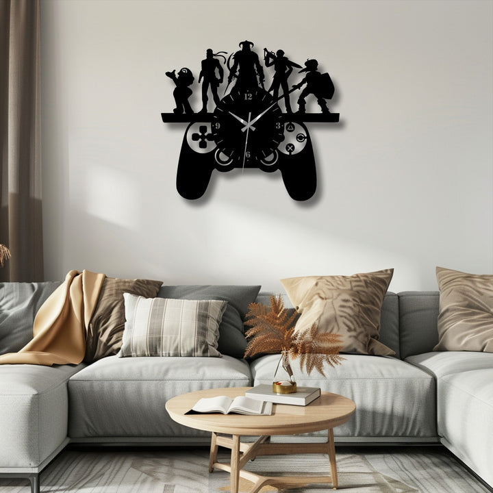 Highlighting the abstract quality, the decorative metal art forms a whimsical gaming controller clock featuring silhouetted characters, creating a striking and playful design.