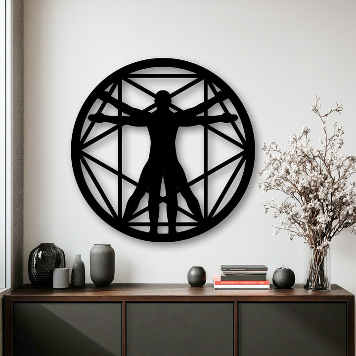 The realistic detail of the Vitruvian Man geometric circle metal art for wall clearly captures its intricate design and shadow.